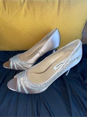 Nina New York Women's Rylinn Taupe Satin Crystal Peep-Toe Heels
